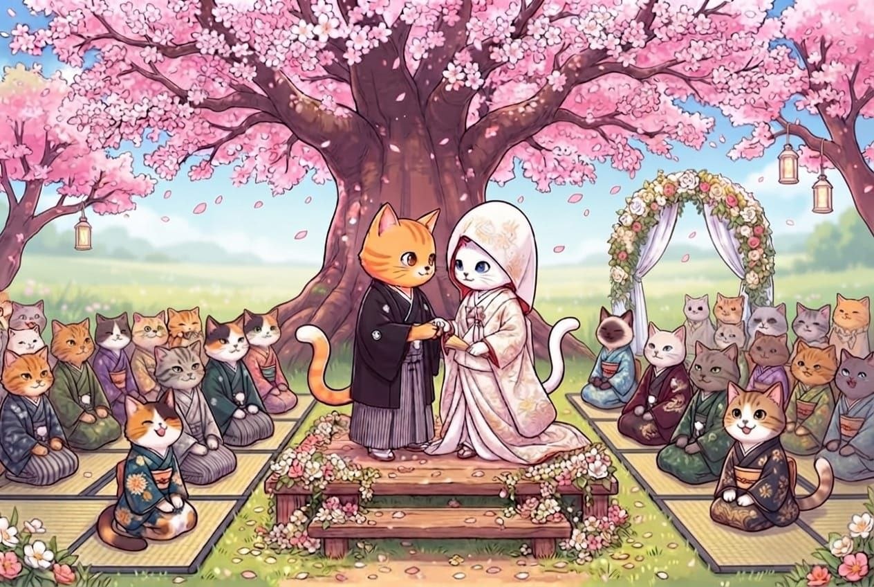 Illustrated cats gathered under a cherry blossom tree