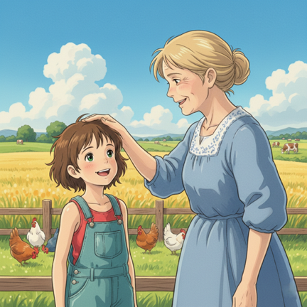 Illustrated mother and child sharing a moment beside a farm field