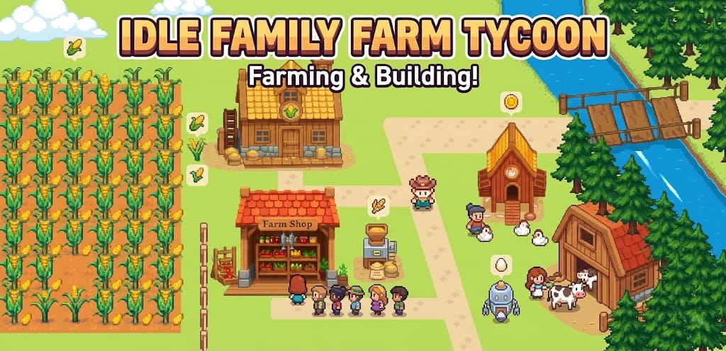 Pixel-art view of the Idle Family Farm Tycoon village
